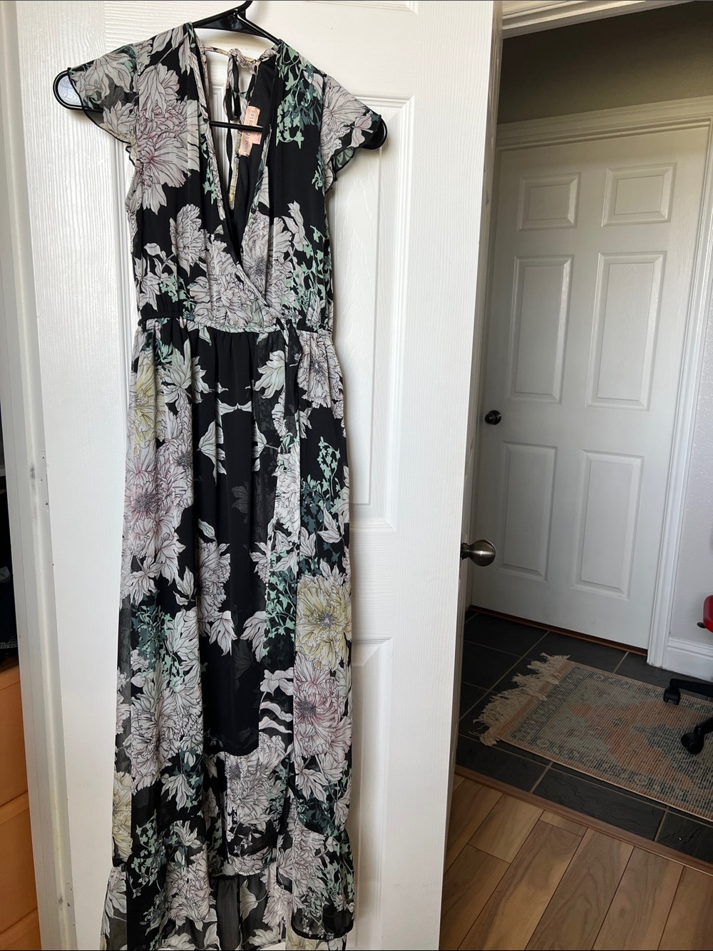 Black Floral Maxi Dress with Pastel Bouquet Print